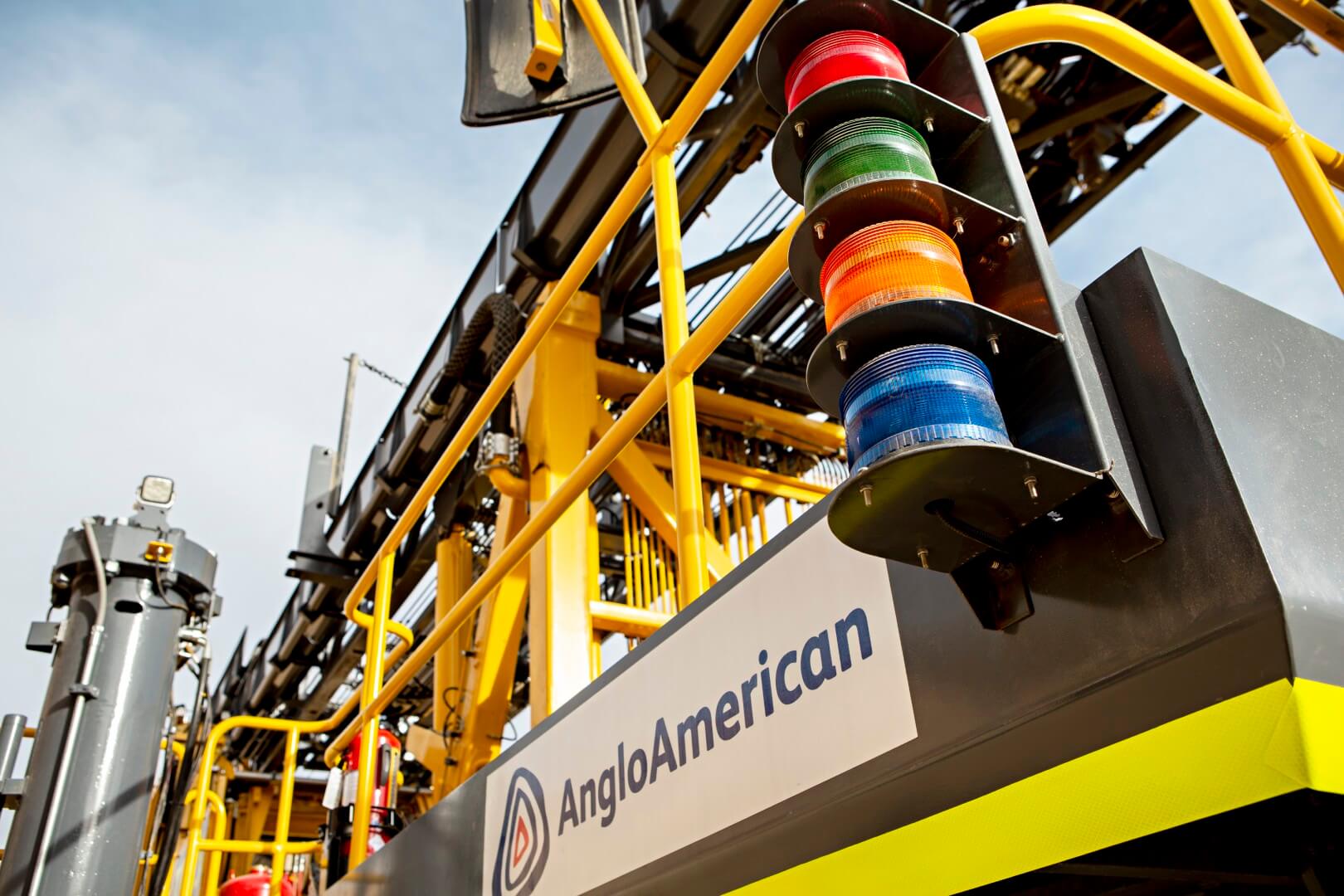 Autonomous drill rig with mode-status lights at the Quellaveco mine in Peru