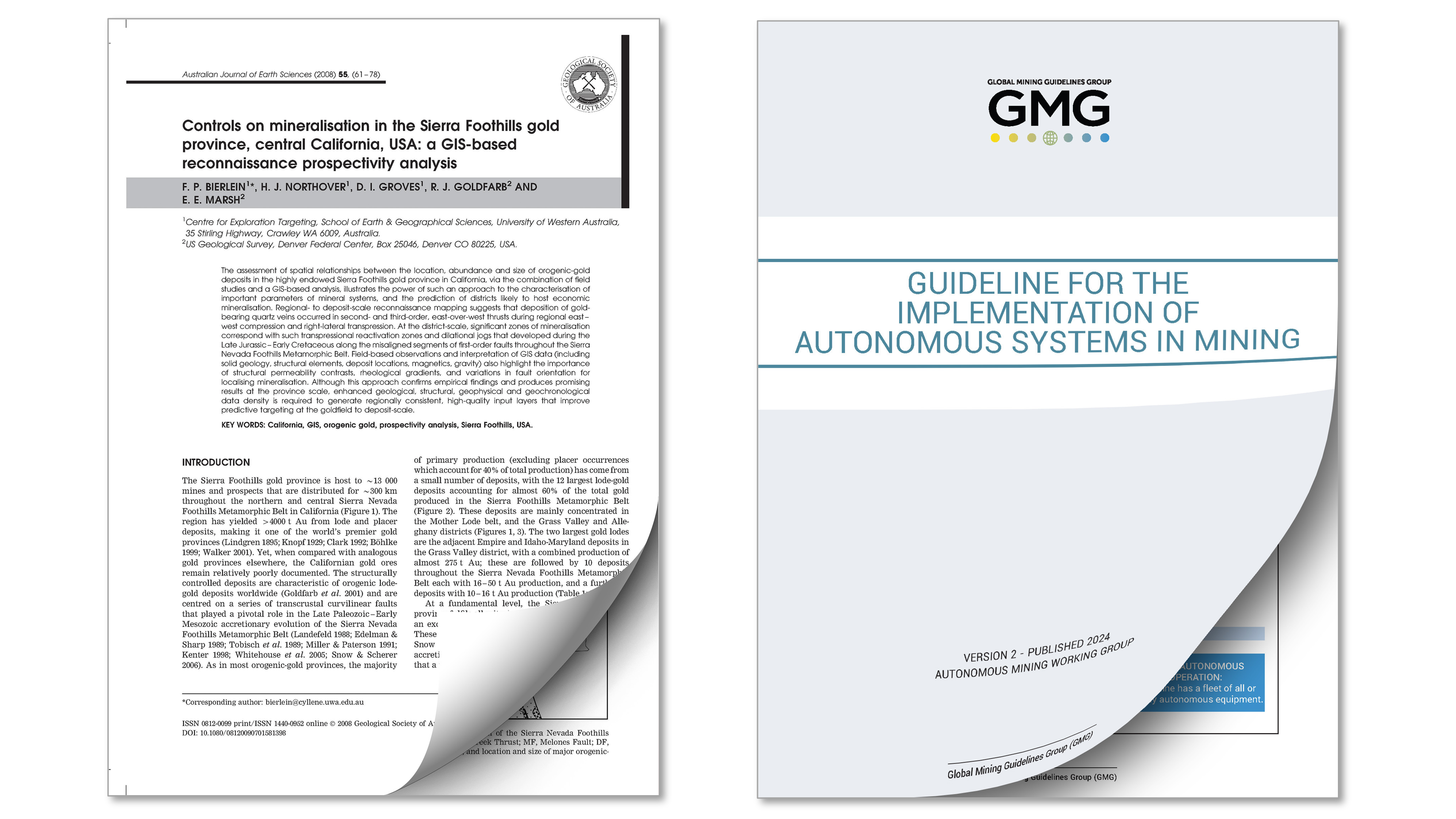 Cover pages of a published earth-sciences paper and the GMG Guideline for the Implementation of Autonomous Systems in Mining
